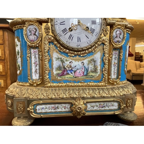 115 - Good 19th Century French ormolu and porcelain panel mantel clock, the striking movement with dial si... 