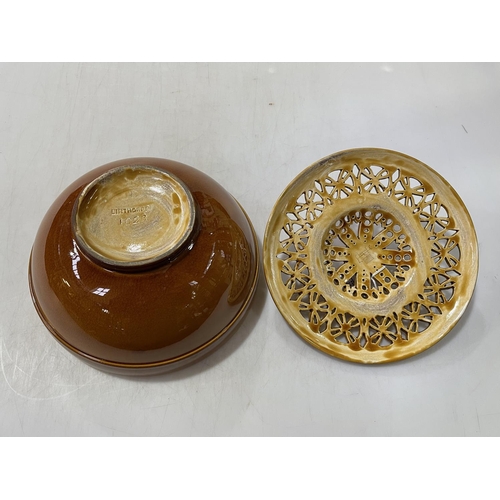 225 - Linthorpe large pot pourri bowl in treacle glaze, the cover bearing incised monogram, no. 1026, 23cm... 