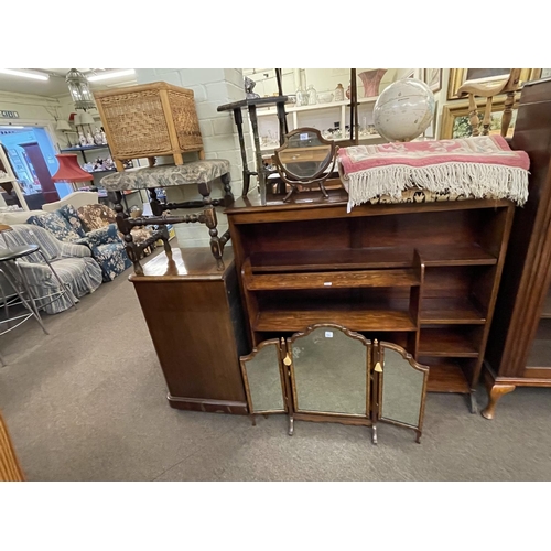 350 - Slim Victorian mahogany five drawer chest, two open bookcases, dressing and toilet mirrors, plant st... 