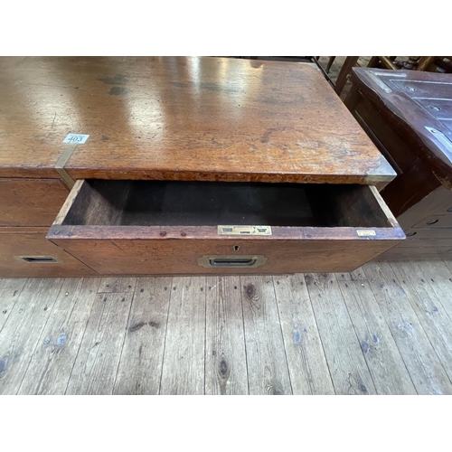 403 - Teak and brass bound three drawer Campaign chest with inset label for Army & Navy C.S.L makers, 46cm... 