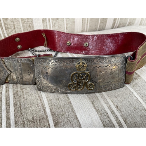 41 - George V silver mounted military belt with pouch, the mounts having engraved and bright-cut decorati... 