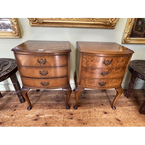 441 - Pair walnut bow front three drawer pedestals on cabriole legs, 66.5cm by 45.5cm by 37cm.