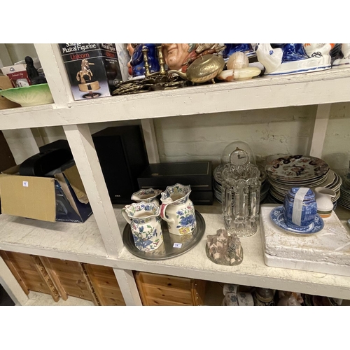 73 - Large Lot with crystal lustre with drops, boxed Thomas Webb goblets, late Victorian dinner wares and... 