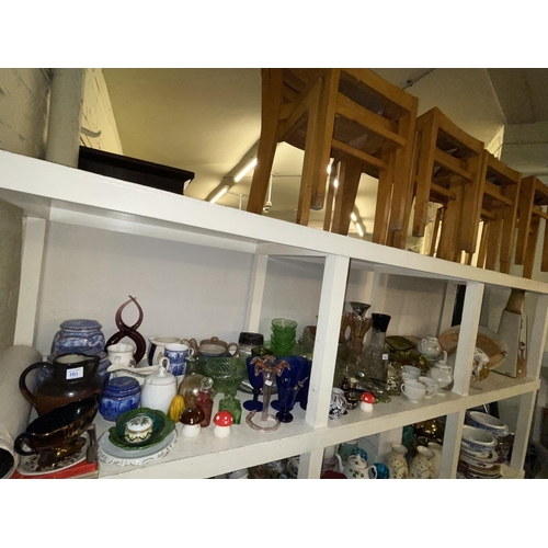 101 - Full shelf of assorted china and glass including light globes, vases, Oriental teaware, Ringtons cad... 