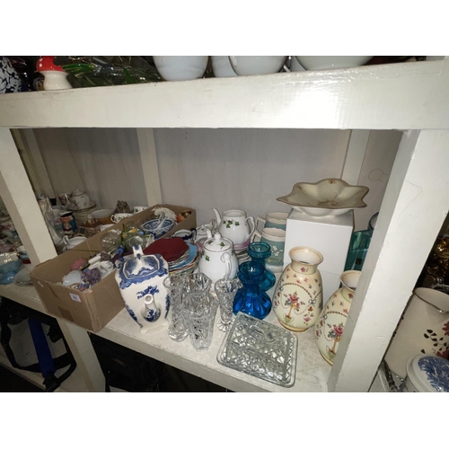 102 - Full shelf of china and glass including Royal Doulton, Coalport and Royal Worcester figures, pair Cr... 