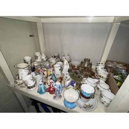 102 - Full shelf of china and glass including Royal Doulton, Coalport and Royal Worcester figures, pair Cr... 