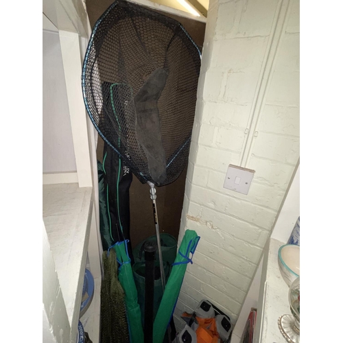 103 - Large collection of fishing equipment including rods, landing nets, tackle boxes and bags, seat, car... 