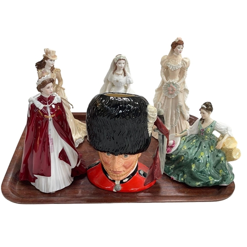 11 - Five lady figures including Royal Worcester, Coalport and Royal Doulton, and The Guardsman toby (6).