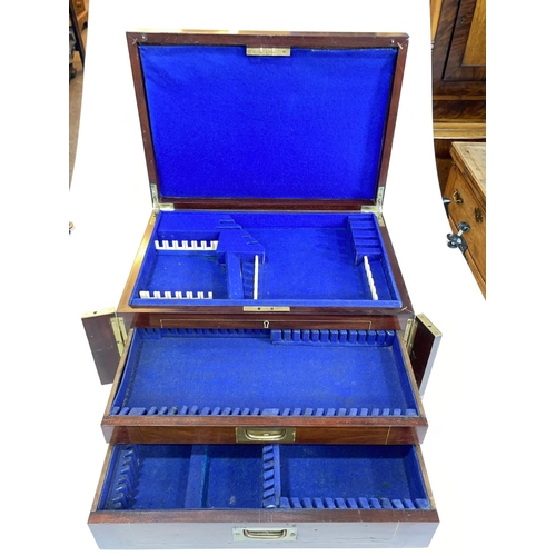 128 - Rosewood and brass inlay cutlery box with lift up lid and two drawers.