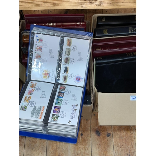 140 - Two boxes of post and pre-UK stamps, commemorative FDCs, ephemera, etc.