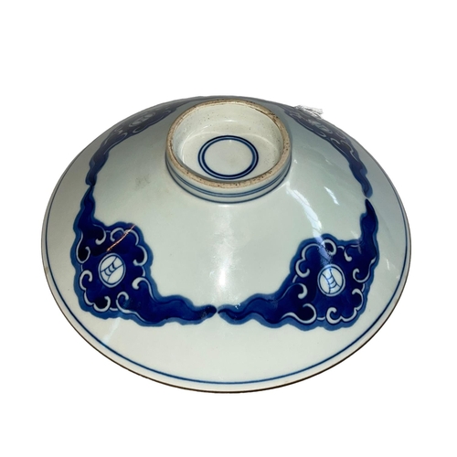 172 - Chinese blue and white shallow bowl decorated with dragon and horse, 23cm diameter.