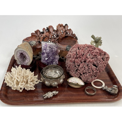 24 - Tray lot with soapstone, quartz and coral, and small silver items.