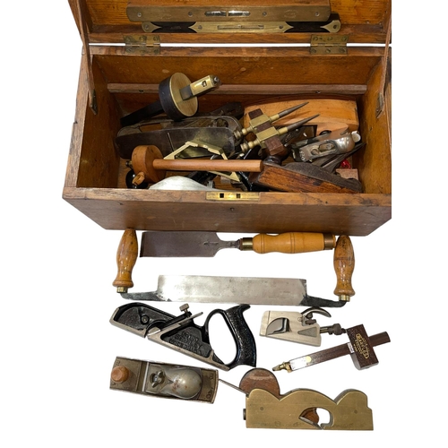 246 - Large oak tool box containing vintage tools including Marples gauge, planes, spirit levels, etc.