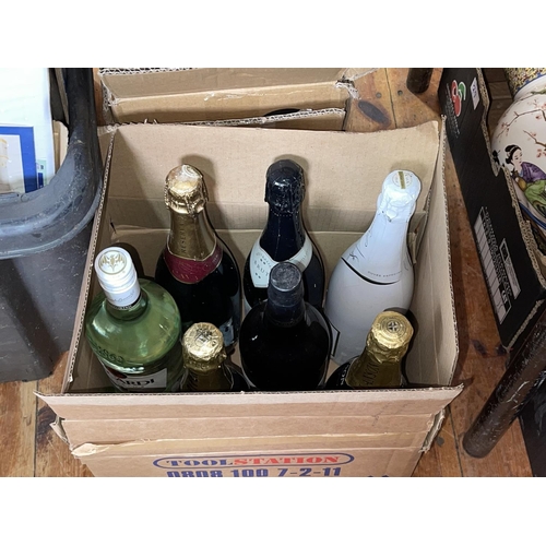 28 - Two boxes of LP's, two boxes of wine and spirits ad box of dolls house fittings.