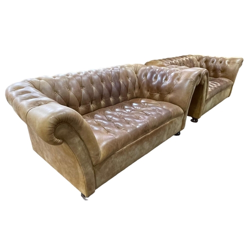 353 - Pair John Lewis tan buttoned leather two seater Chesterfield style settees, 69cm by 173cm by 93cm.