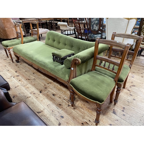 356 - Victorian mahogany framed chaise longue and set of four Victorian dining chairs in matching green fa... 