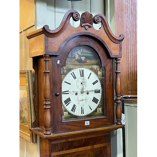 366 - Antique mahogany and oak eight day longcase clock having painted arched dial, signed Purvis, Middlet... 