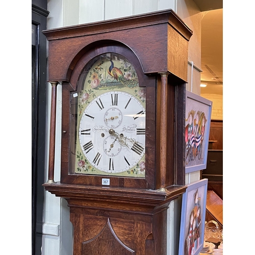 367 - Antique oak and mahogany eight day longcase clock having painted arched dial, signed Swinburn, Durha... 