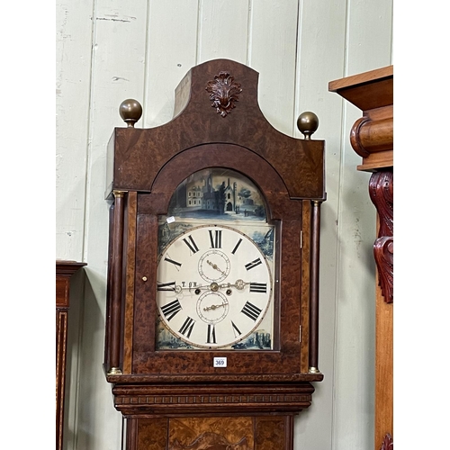 369 - Burr walnut cased eight day longcase clock having painted arched dial, signed T O'Neill, Durham, 226... 