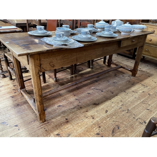 383 - Antique provincial French cherrywood rectangular farmhouse table having two frieze drawers, 79cm by ... 