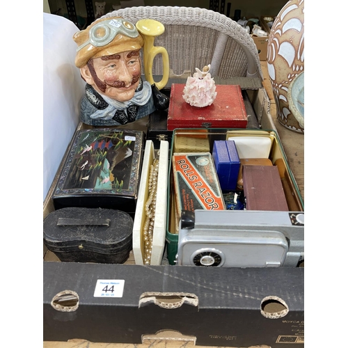 44 - Boxed lot with jewellery, Veteran Motorist toby, boxed cutlery, opera glasses, etc.