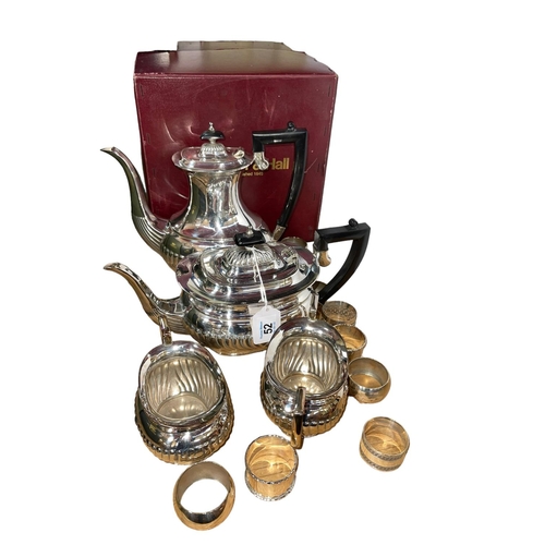 52 - Walker & Hall silver plated tea and coffee service with boxes, and napkin rings.