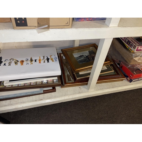 101 - Vintage games, opera glasses, horse brasses, Tiffany style lamp, postcards, pictures, etc.