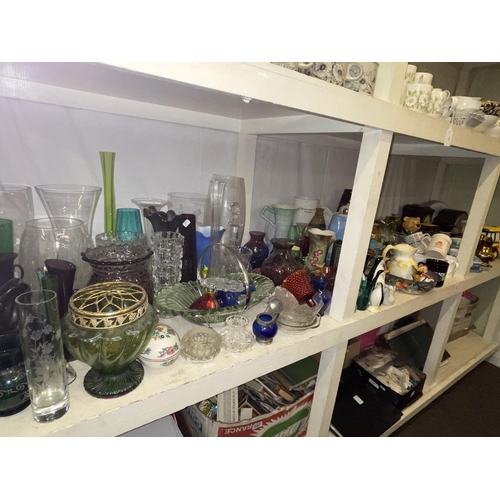 111 - Full shelf of china and glass including Ringtons, coloured glass, slate and oak mantel clocks, Victo... 