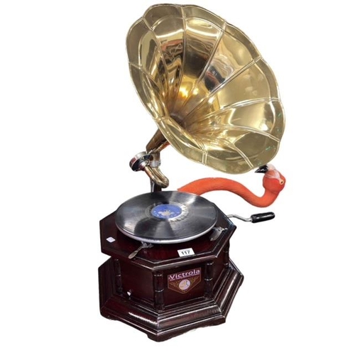 117 - Victrola octagonal table top gramophone with bras shorn.