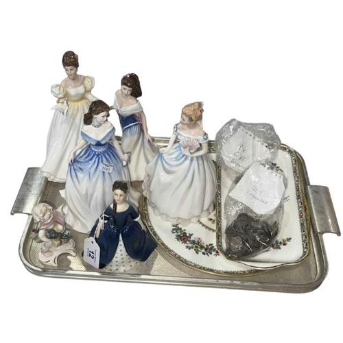 12 - Five Royal Doulton figurines, Goebel figurine, Coalport Ming Rose cake and sandwich plates, Sixpence... 