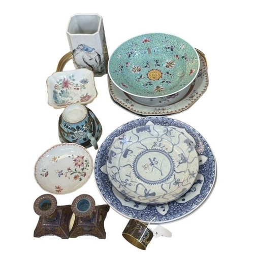 14 - Tray of Chinese Pottery including plates, vase, small dishes, pair of cloisonné candlesticks and nap... 