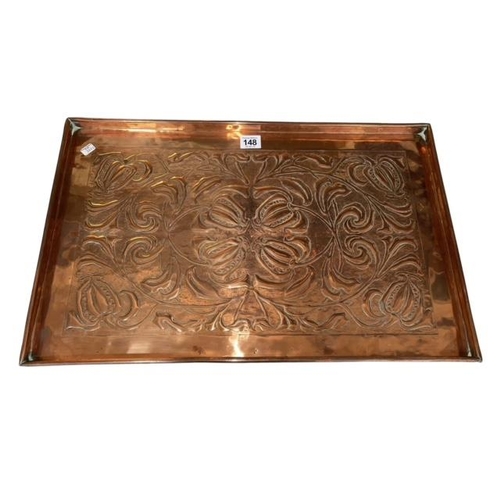 148 - KSIA rectangular embossed copper tray, 34cm by 54cm.