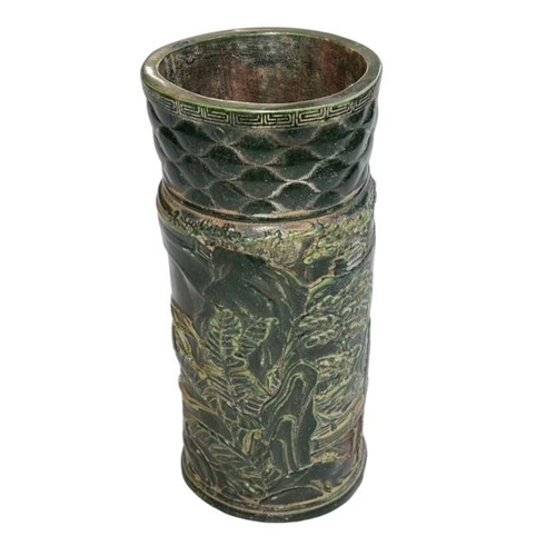 153 - Heavily carved Chinese hardstone cylindrical brush pot/vase with impressed Qianlong mark to base, 25... 