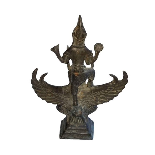 158 - Chinese bronze of Vishnu God on Garuda in Khmer Empire style, 16cm high.