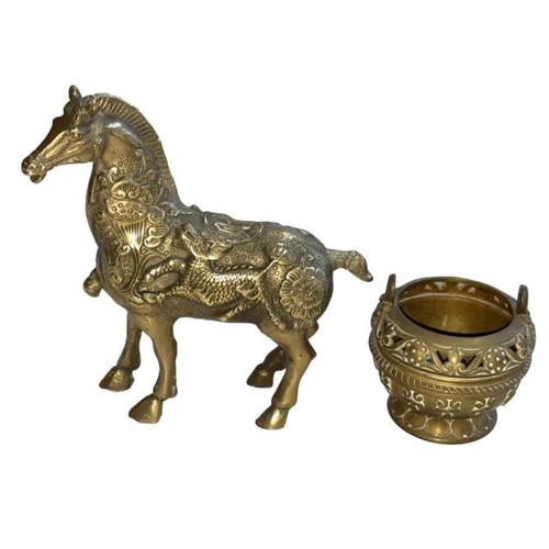 164 - Chinese brass horse with embossed decoration and character mark to base, and a small bronze censor.