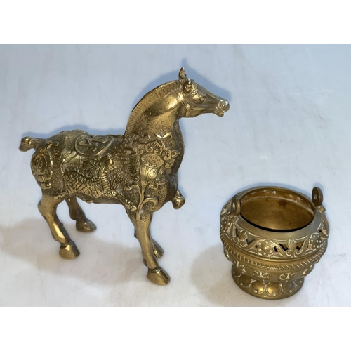 164 - Chinese brass horse with embossed decoration and character mark to base, and a small bronze censor.