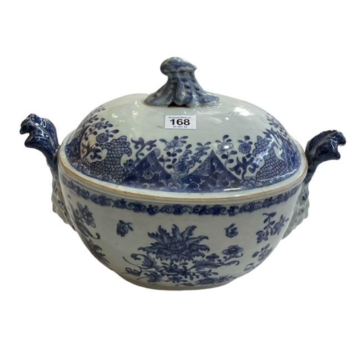 168 - Large 18th Century Chinese blue and white tureen with face mask and feather plume handles decorated ... 