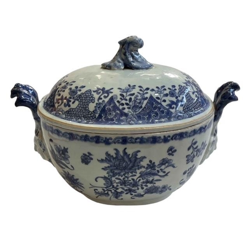 168 - Large 18th Century Chinese blue and white tureen with face mask and feather plume handles decorated ... 