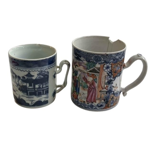 171 - 19th Century Chinese blue and white tankard and 18th Century tankard decorated with figures.