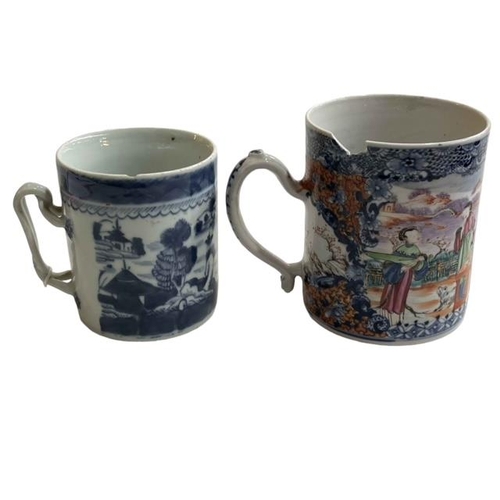 171 - 19th Century Chinese blue and white tankard and 18th Century tankard decorated with figures.