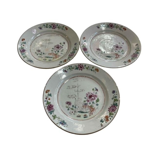 172 - Set of three 18th Century Chinese famille rose plates, 22cm diameter.