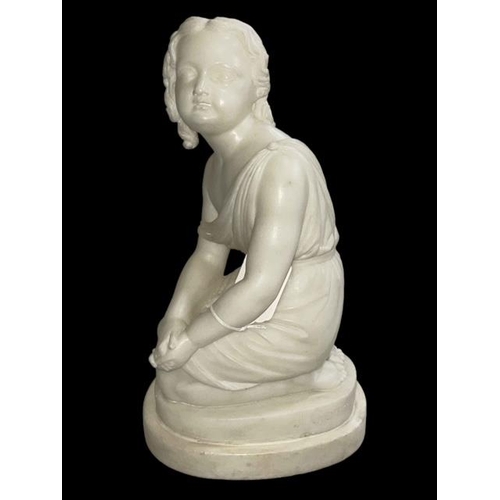 177 - White marble figure of a young girl in classical pose with signature to base, J. Gott, 29cm.