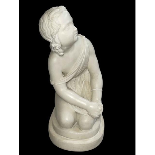 177 - White marble figure of a young girl in classical pose with signature to base, J. Gott, 29cm.