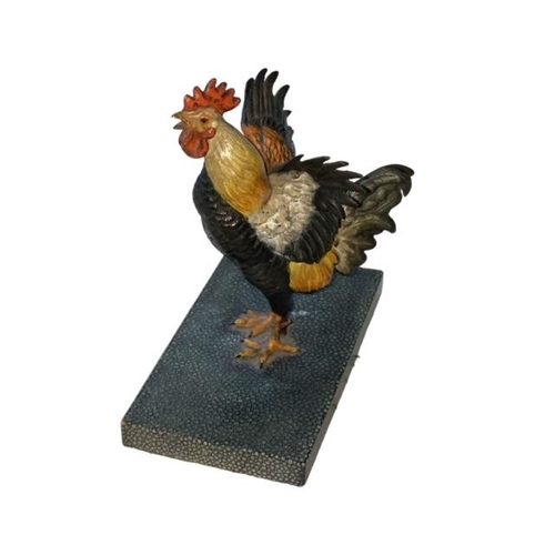 232 - Bronze cold painted cockerel on shagreen style base, 13.5cm high.