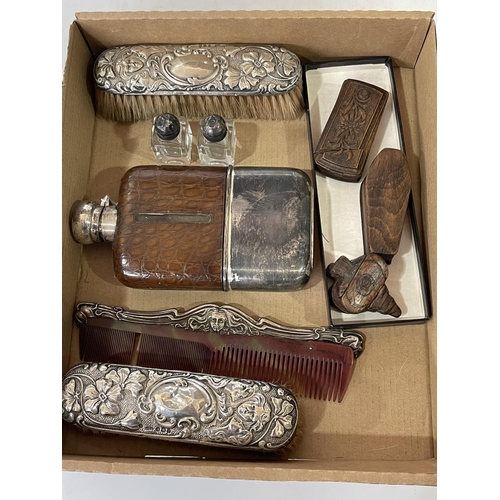 269 - Two silver backed brushes and comb, three treen boxes, spirit flask and picnic condiments (8).