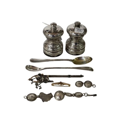 273 - Two silver salt grinders, brooches, etc.