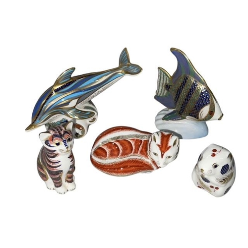 289 - Five Royal Crown Derby paperweights including dolphin, angel fish and fox.