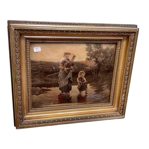 318 - Victorian gilt framed signed bevelled chrystoleum depicting mother and children crossing a stream, 3... 