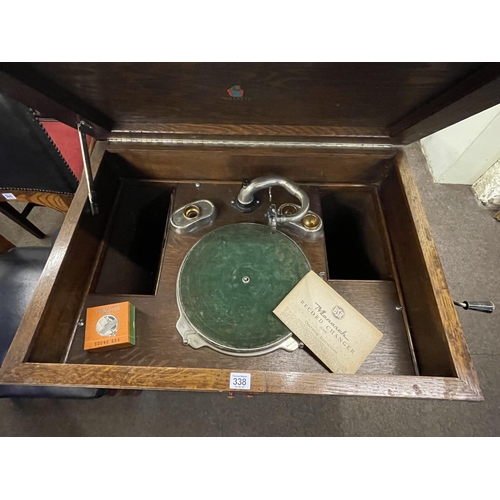 338 - 1920's Dulcetto oak cabinet gramophone, 87.5cm by 76cm by 55cm.