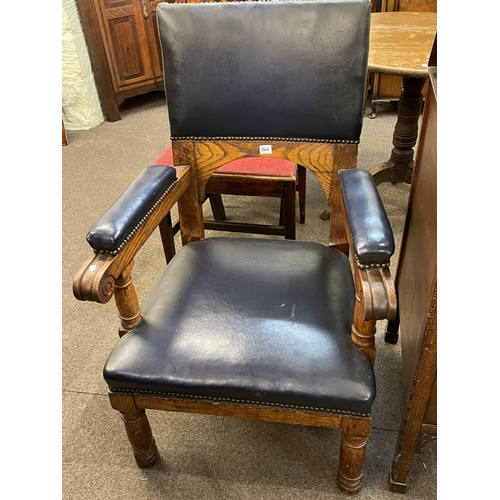 340 - Carved oak sideboard, small oak bureau and oak and buttoned hide armchair (3).